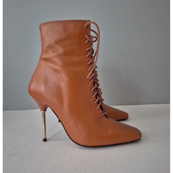 L' Intervalle Chestnut Brown Leather Gold Stiletto Lace Up Boots Womens 6 - Picture 1 of 7